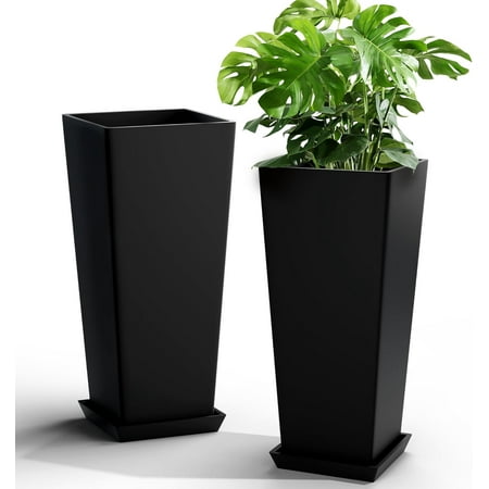 Elevens Set of 2 Tall Outdoor Planters 24 Inch, Large Planters for Indoor Outdoor Plants, Tapered Square Flower Pots with Tray for Patio,Black