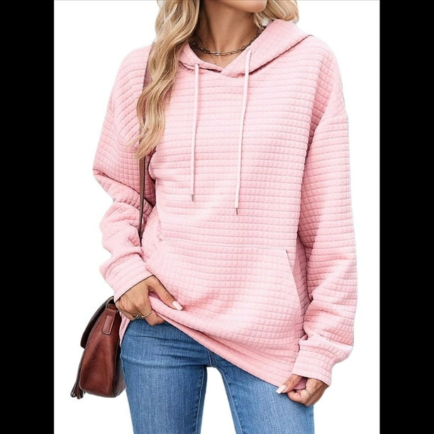 Sudadera con Capucha para Mujer, Informal, de Larga, con Cordón Ajustable, Estilo Waffle, Holgada, con Bolsillo. Rosa L