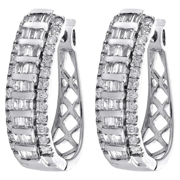 10K White Gold Tapered Baguette Diamond Oval Hinged Hoop Dome Earrings 1 CT.