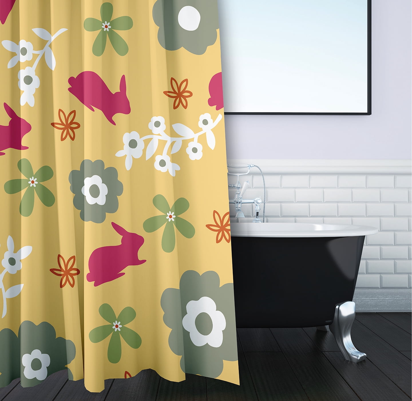 Simply Daisy 70" W x 73" L Flowery Love with Bunnies Polyester Shower Curtain, Daffodil Yellow-Pink [1 Ct]