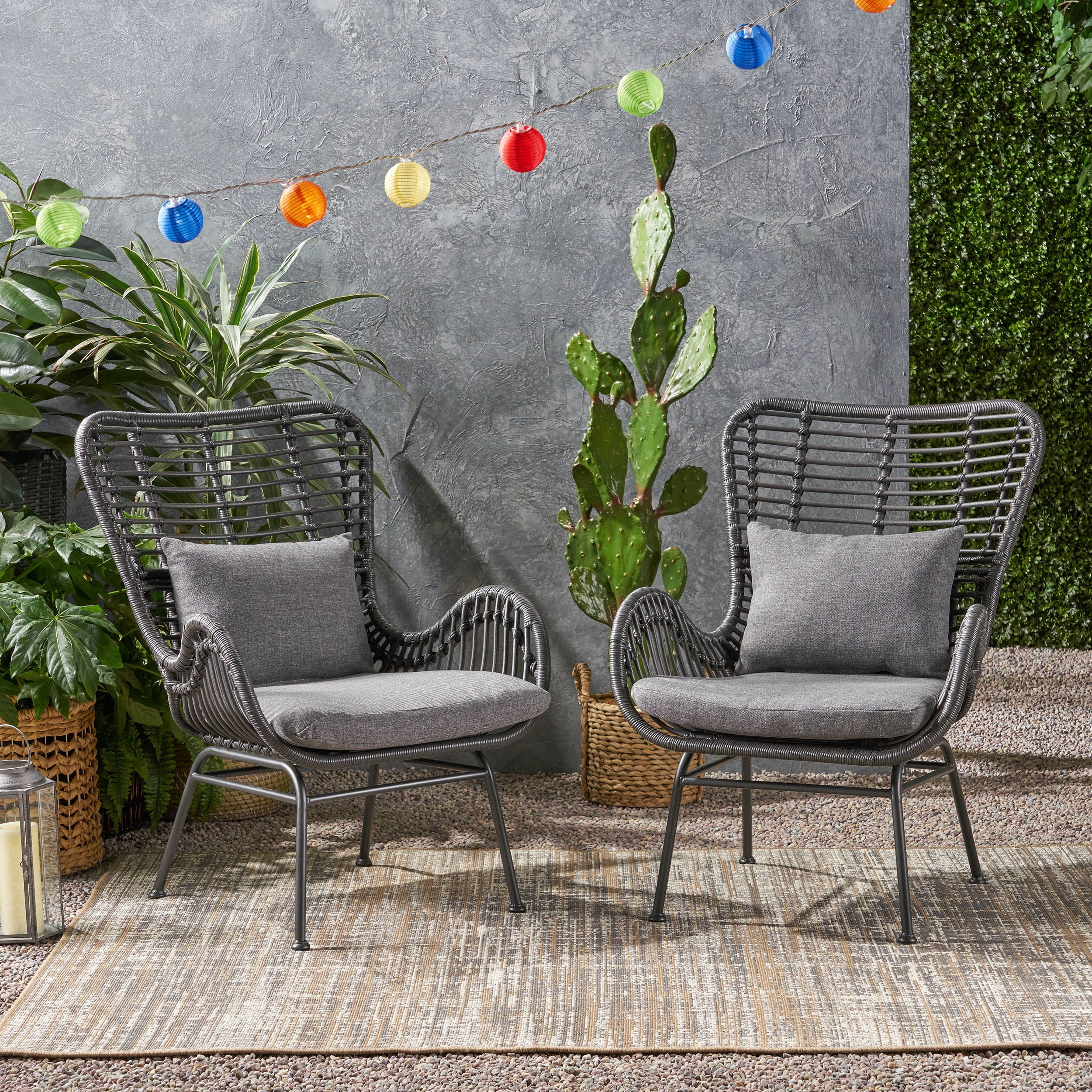 Euroco Set of 2 Modern Rattan Outdoor Chairs with Water-Resistant Cushions, Handwoven PE Wicker, and Steel Frame