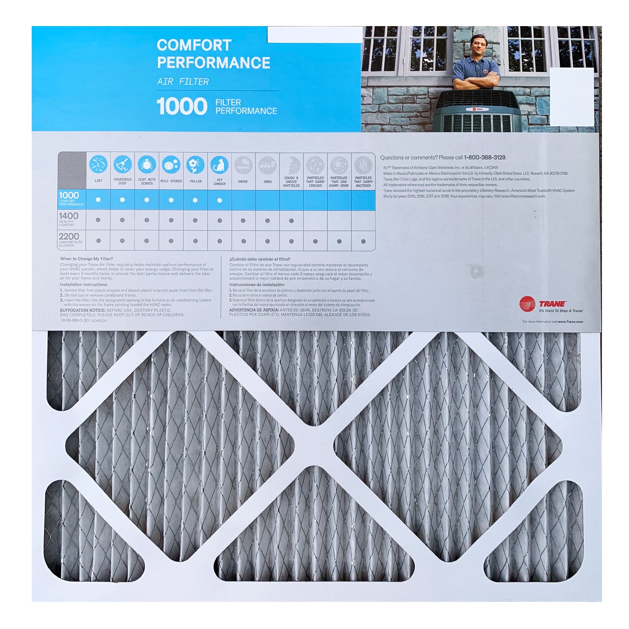 Trane Comfort Performance Air Filter, 1000 Micro Particle Reduction HVAC Furnace, 20x20x1