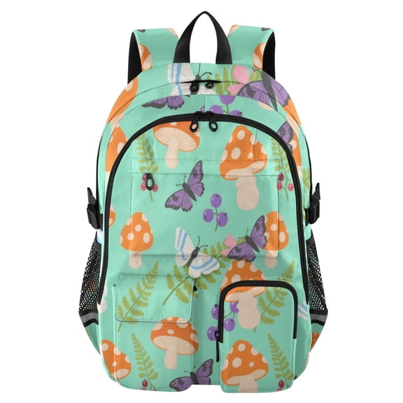 DIXRUYEE Mushroom Witch Moth Green Background Pattern Backpack for School 14”Laptop Compatible with Reflective Safety Strips