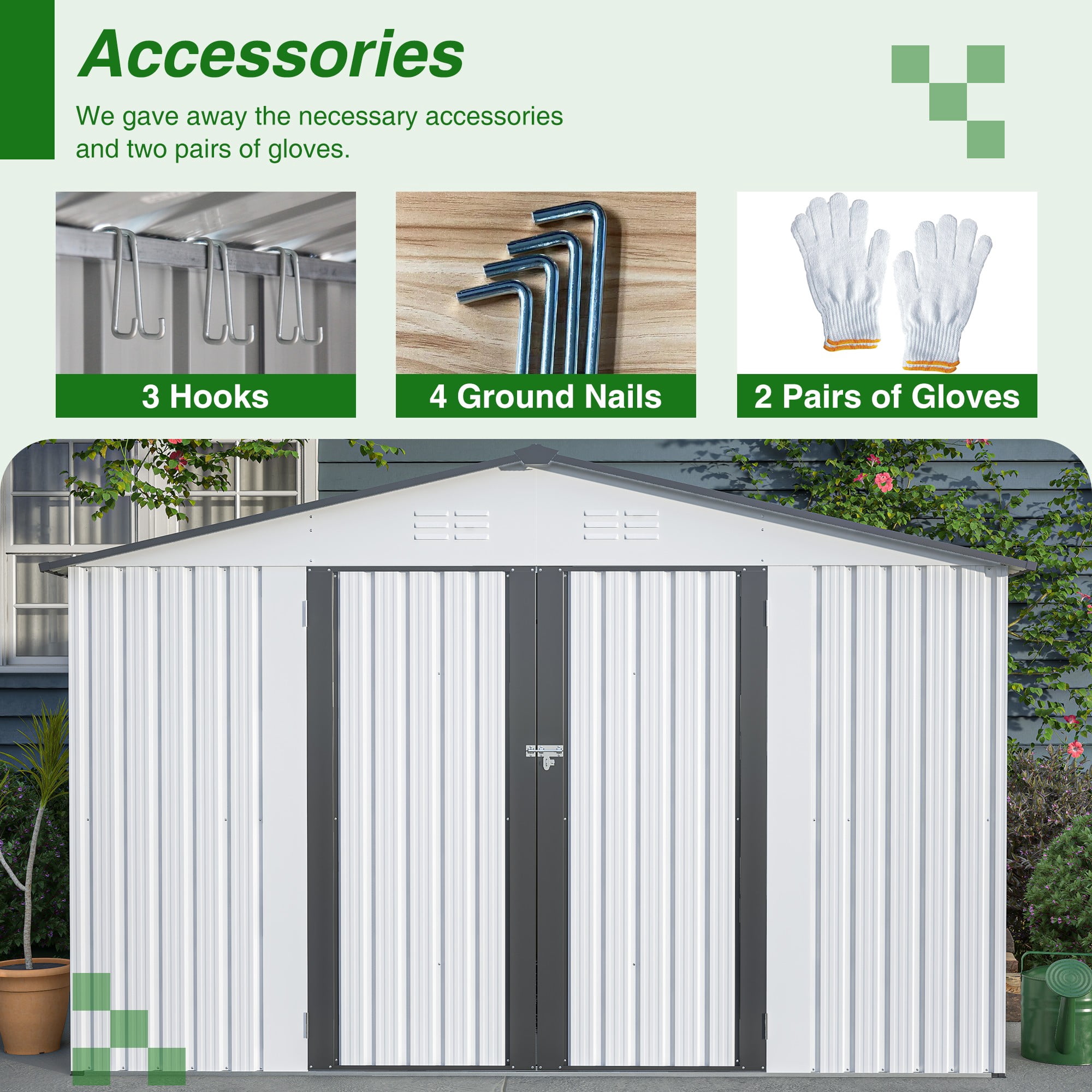 10×8 FT Metal Outdoor Storage Shed, Large Garden Sheds with 2 Lockable Doors, All Weather Anti-Corrosion Galvanized Steel Tool House for Backyard Garden Lawn, White