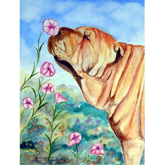 Shar Pei smell the flowers Flag - Garden Size, 11 x 15 in.