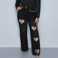 thumbnail image 6 of Delayuji Business Casual Pants for Women Heart Cutout Rhinestone Jeans for Women High Waist Straight Leg Baggy Denim Pants S Black, 6 of 10