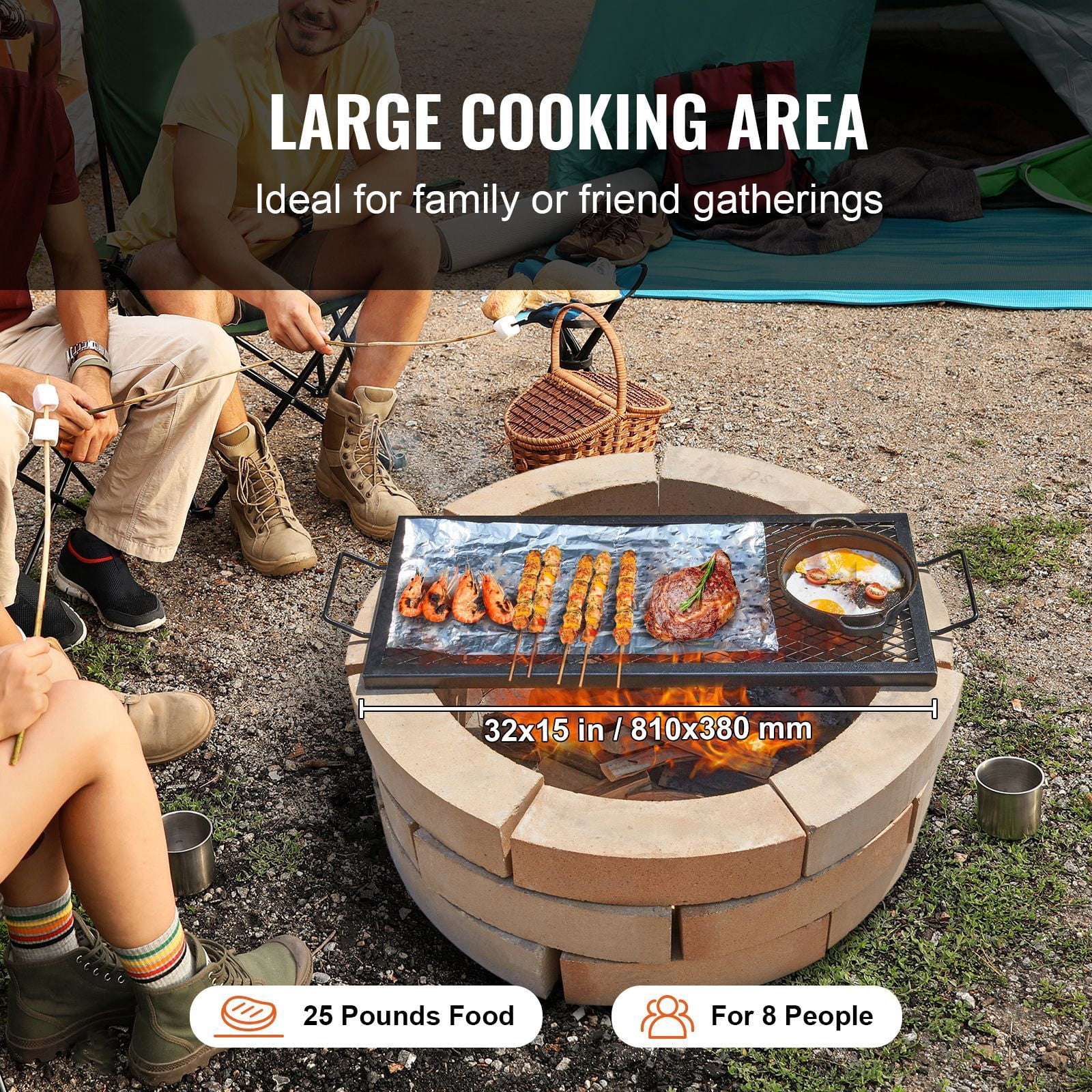 Fire Pit Cooking Grate 32" x 15", Heavy-Duty Steel, Diamond-Shaped Mesh, 44 lbs Capacity, Portable Handle, for Camping BBQ Outdoor Cooking