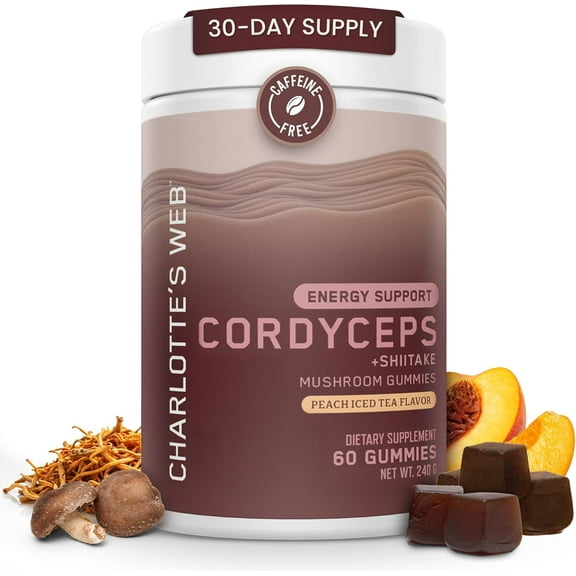 Charlotte's Web Energy Support Mushroom Gummies w/Cordyceps & Shiitake Mushrooms, Caffeine-Free Energy Supplements — Cordyceps Mushroom Gummies, Peach Iced Tea Flavor (30 Servings)