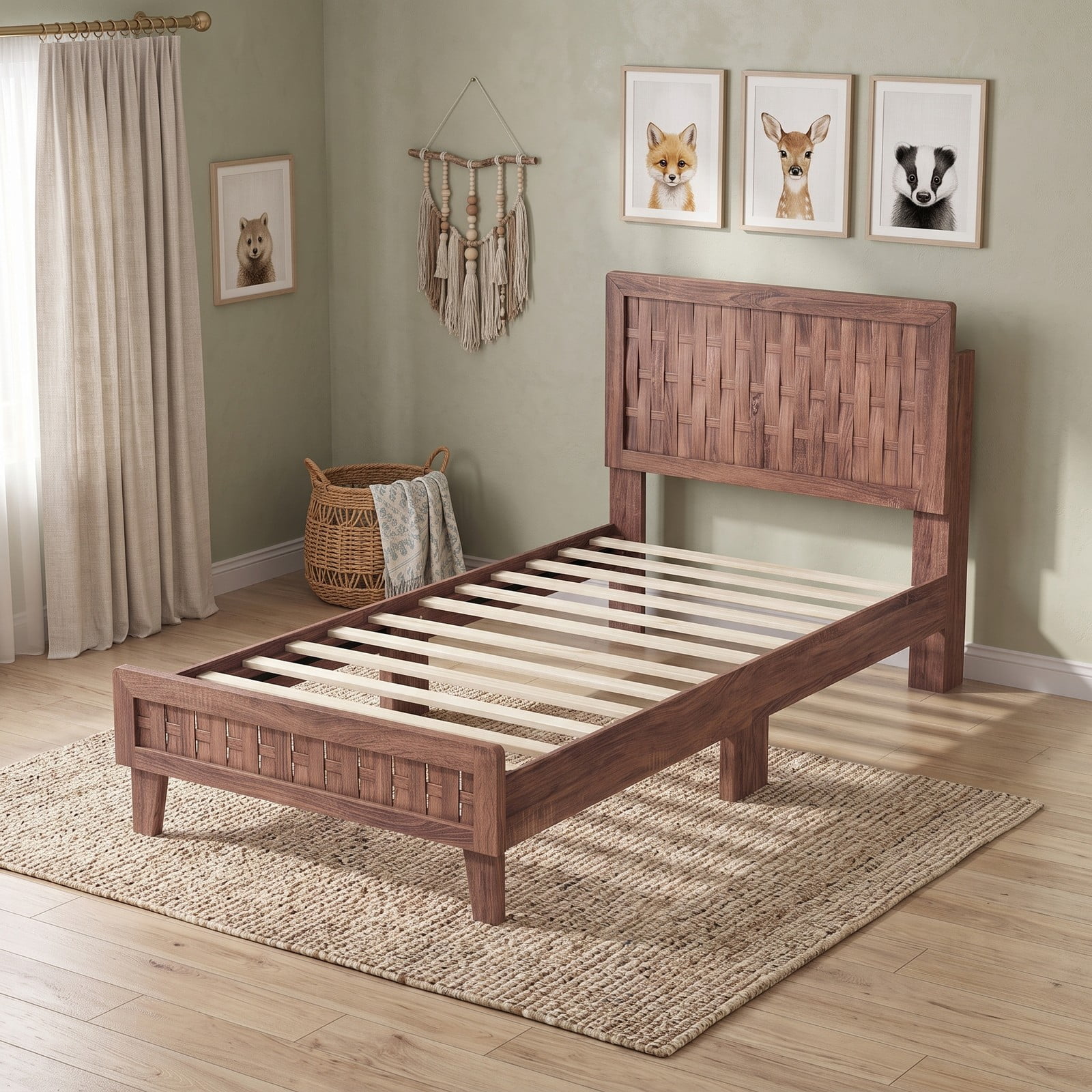 Furnibear Twin Bed Frame Wood Platform Bed with Woven Accent Headboard and 12 Plywood Slats for Kids Room, Walnut