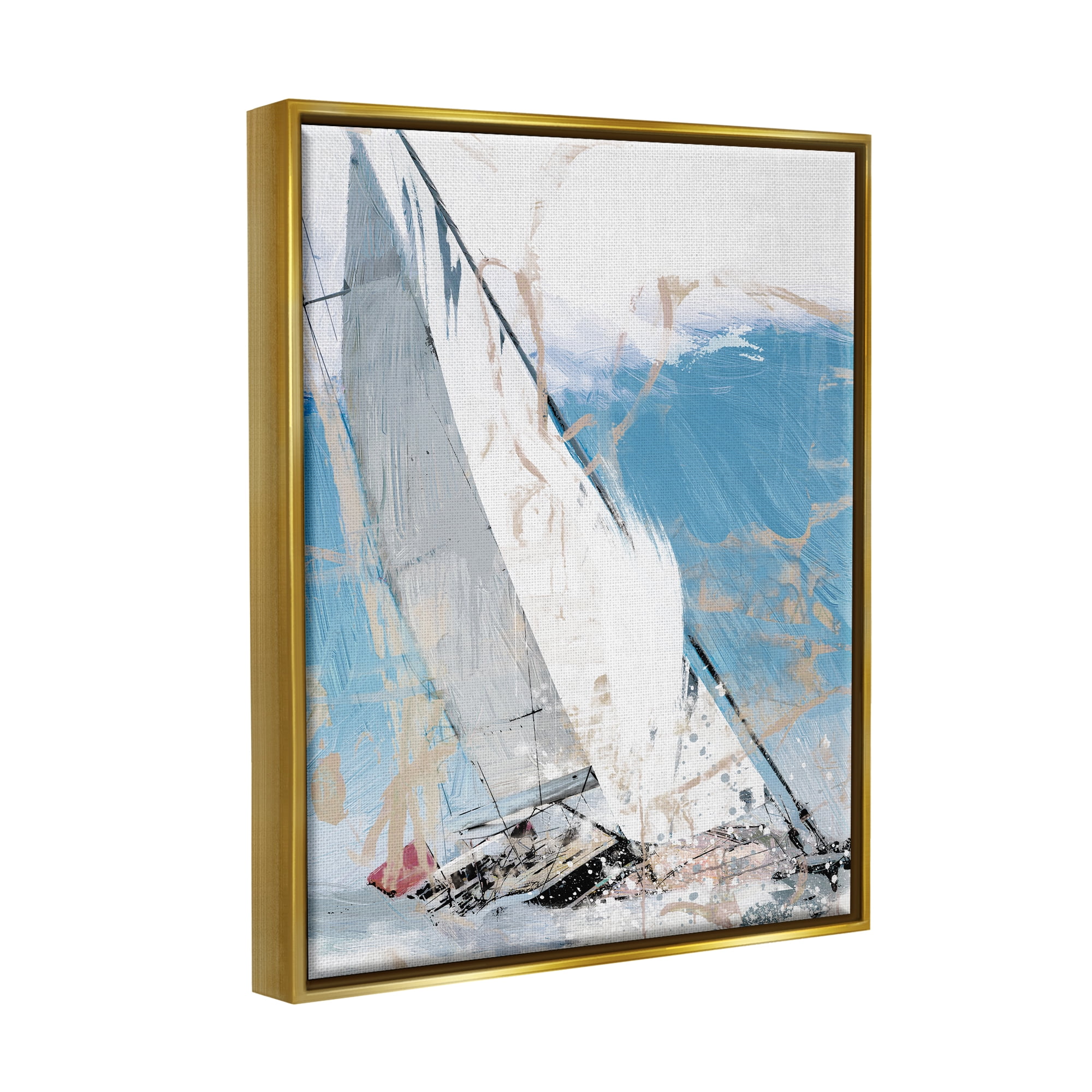 Stupell Industries Abstract Sailboat Waves Transportation Painting Gold Floater Framed Canvas Art Print Wall Art, 17 x 21