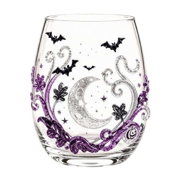 15 Oz Stemless Wine Glass Halloween Tumbler With Moon And Bat Graphics Clear Drinking Cup For Party And Home Decor