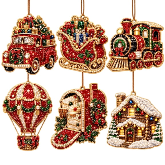 Diamond Painting Ornaments, DIY Christmas Tree Decorations Kit, 6 Festive Hanging Charms with Strings for Holiday Crafts, Santa Sleigh Reindeer Hot Air Balloon Gingerbread House Home Decor Gifts