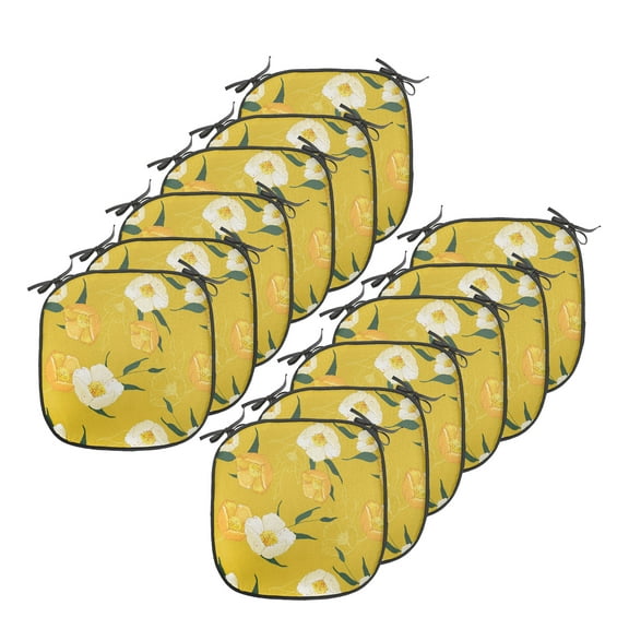 Floral Chair Seating Cushion Set of 12, Design Vintage Blooming Flowers, Seat Pads for Office with Anti-slip Backing, 16"x16", Dark Yellow Hunter Green, by Ambesonne