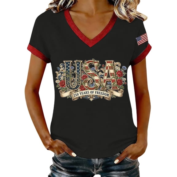 kaondbfi Summer Tops for Women Women's 250Th Anniversary Print V Neck T Shirt 250Th Anniversary Tshirt Patriotic Tee Womens Essentials Fashion Clothing
