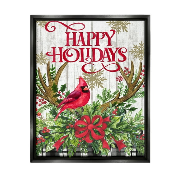 Stupell Industries Happy Holidays Cardinal Holiday Painting Black Floater Framed Canvas Art Print Wall Art, 17 x 21