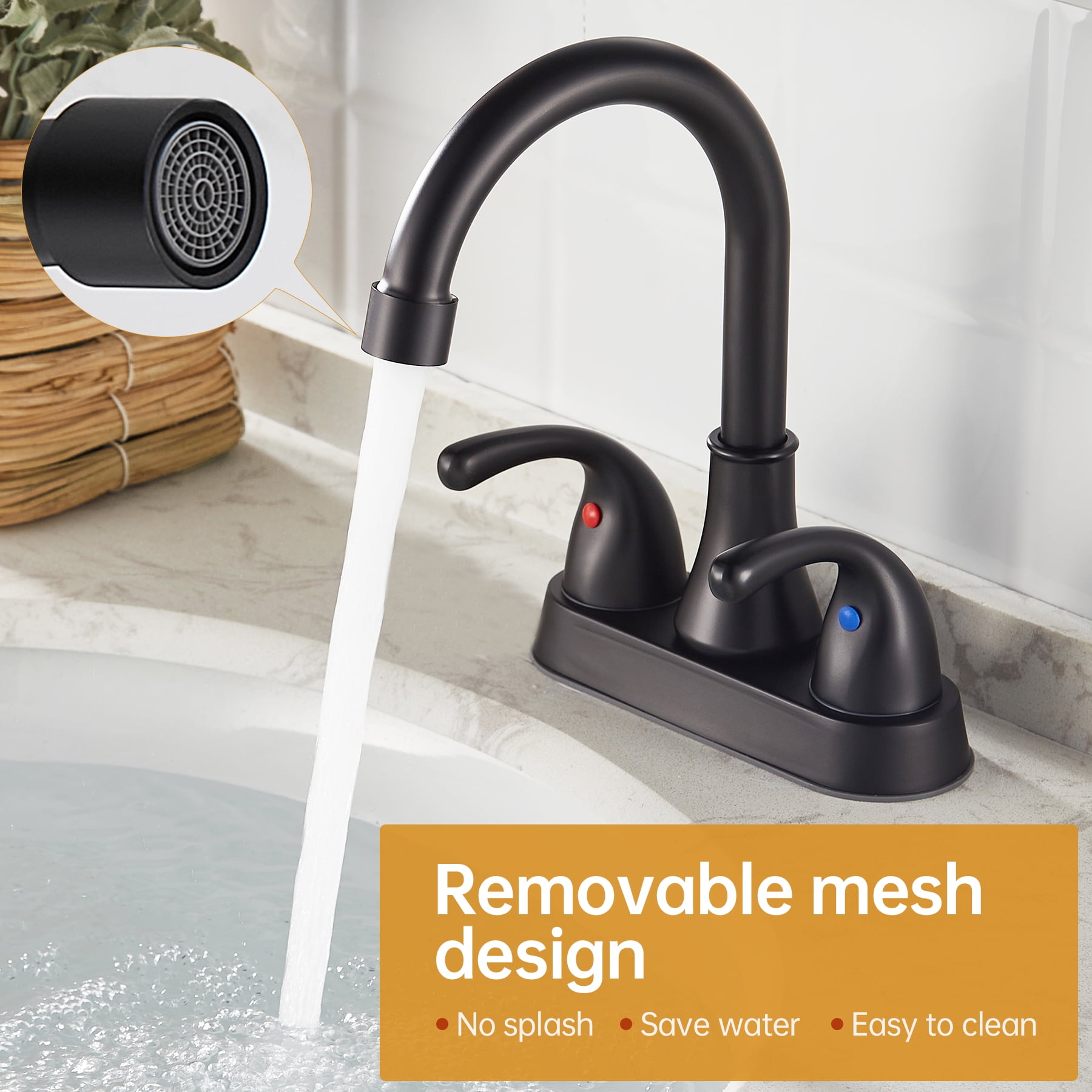 Kede 4 Inch Faucet 2 Handle Bathroom Sink Faucet Lead-Free Matte Black Bath Sink Faucet with Pop-up Drain Stopper and Supply Hoses