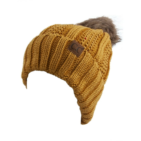 C.C Fleece Lined Cable Knit Faux Fur Skull Cap Cuff Beanie With Pom, Mustard