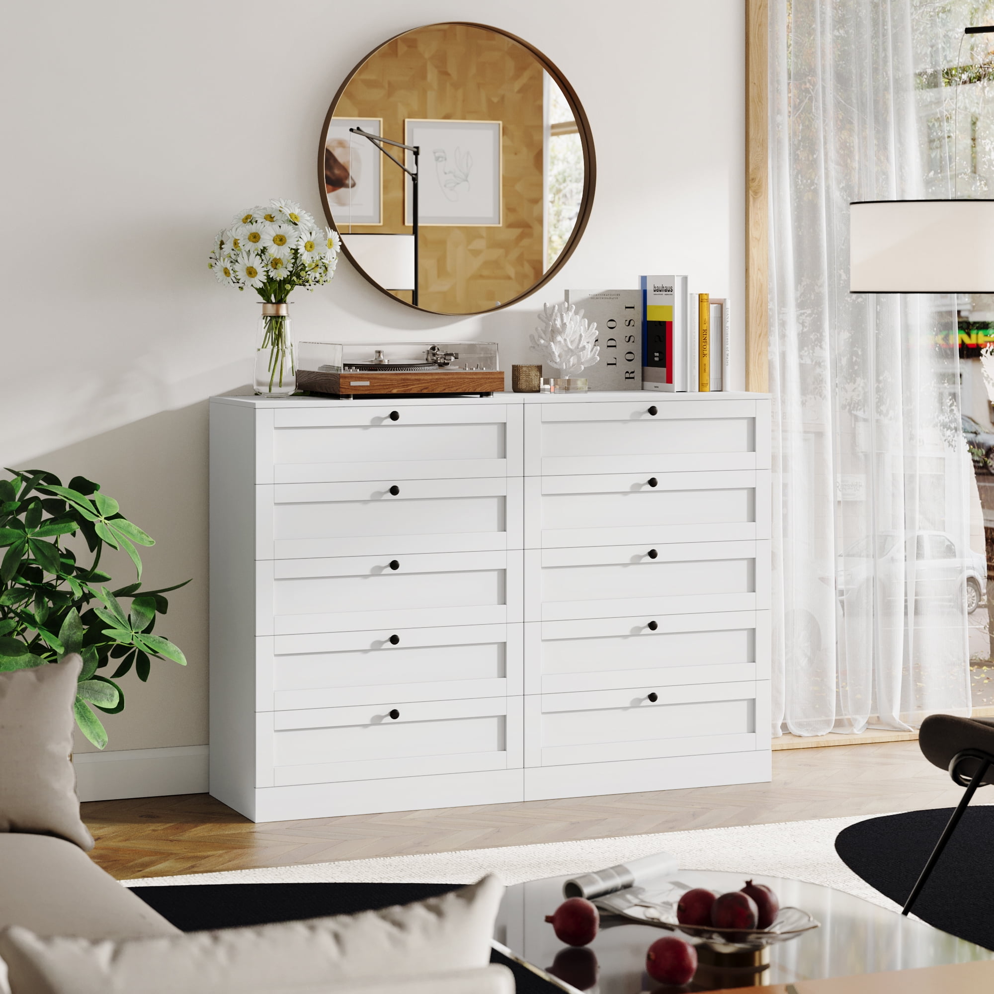 Homestock Drawer Dresser Storage Cabinet for Makeup, Wheels for Office Closet and Bedroom White 5 Drawer with Shelf