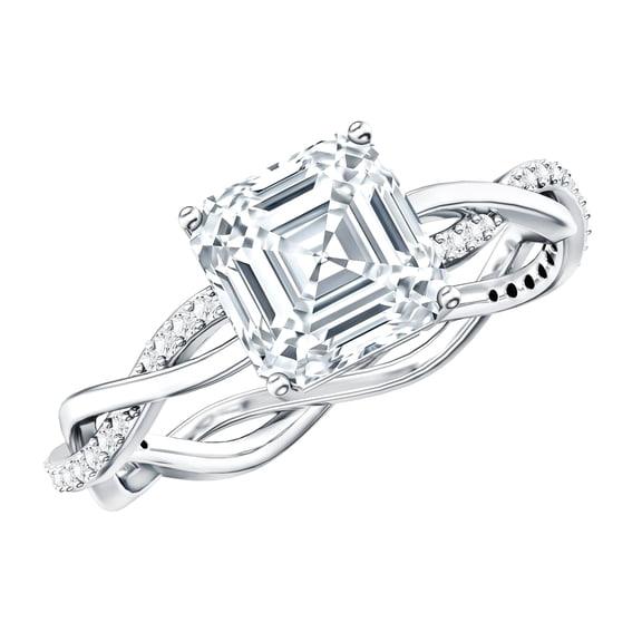 Rosec Jewels Asscher Cut Moissanite Ring for Engagement - 8 mm - Braided Ring - 3 Ct - D-VS1 Grade Certified - with Jewelry Box, 925 Sterling Silver, US 4.00