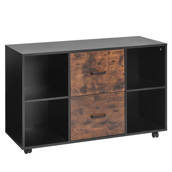 2 Drawer Wooden File Cabinet, Mobile Filing Cabinet with Open Shelves, Lateral Rolling File Storage with Lockable Wheels, Modern Free Standing Printer Stand for Home, Office, or School, Black
