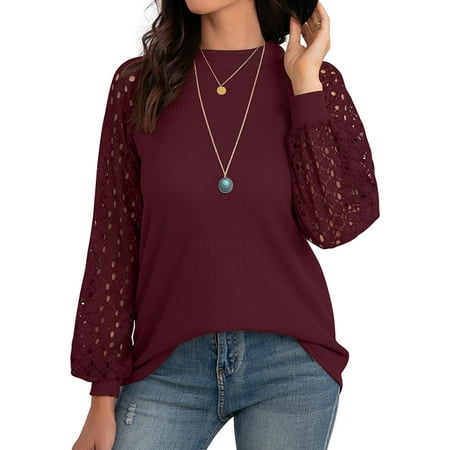 SHOWMALL Women's Trendy Waffle Knit Blouse Puff Long Sleeve Hollow-Out Lace Tops Casual Loose T Shirts, US Size Large, Wine Red