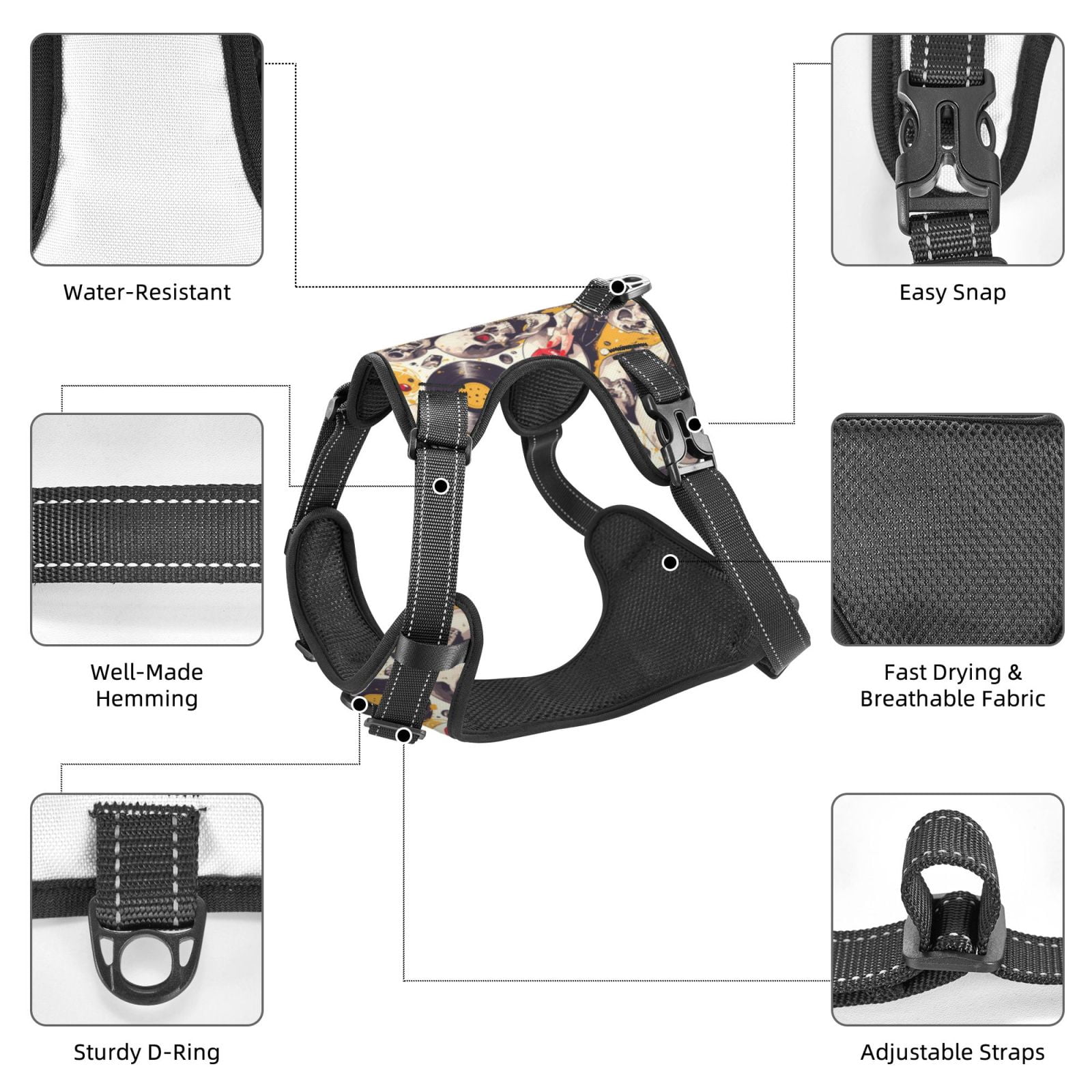 Vsdgher lips record rock Skull Pattern Dog Harness,No Pull Pet Harness with Soft Padded Handle,Adjustable Reflective Vest with 2 Buckles,4 Slide Buckles,S-XL Medium