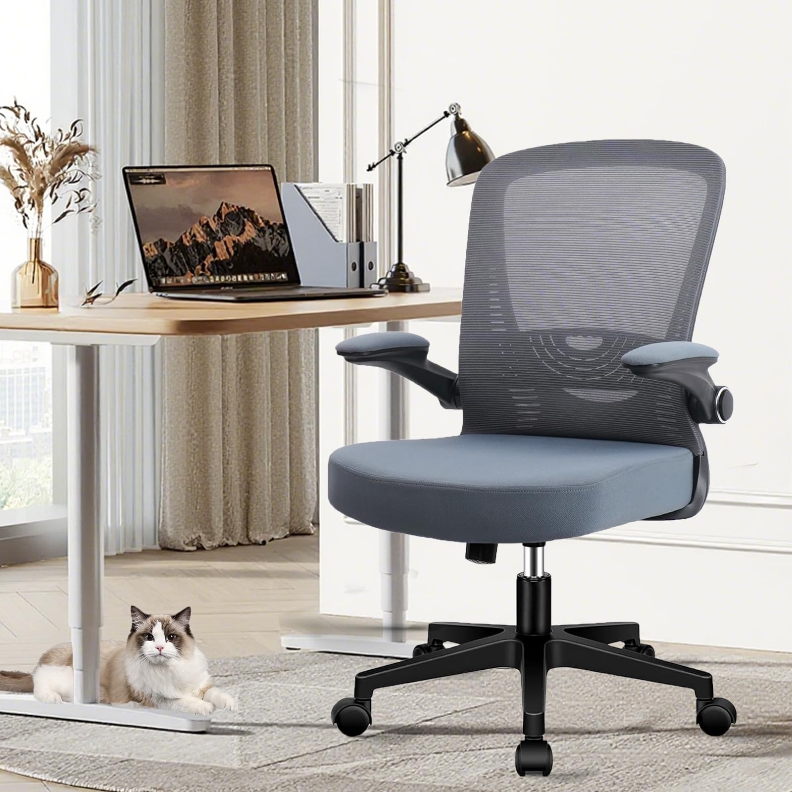 CLATINA Desk Chairs with Wheels, Ergonomic Rolling Mesh Office Chair Adjustable Height and Lumbar Support Home Office Computer Chair with Flip Up Armrests, Grey