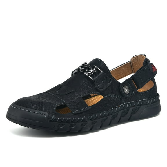 Men's Outdoor Sandals Leather Handmade Loafers Closed Toe Summer Beach Soft Hollow Breathable Walking Wading Casual Shoes Black 12 US