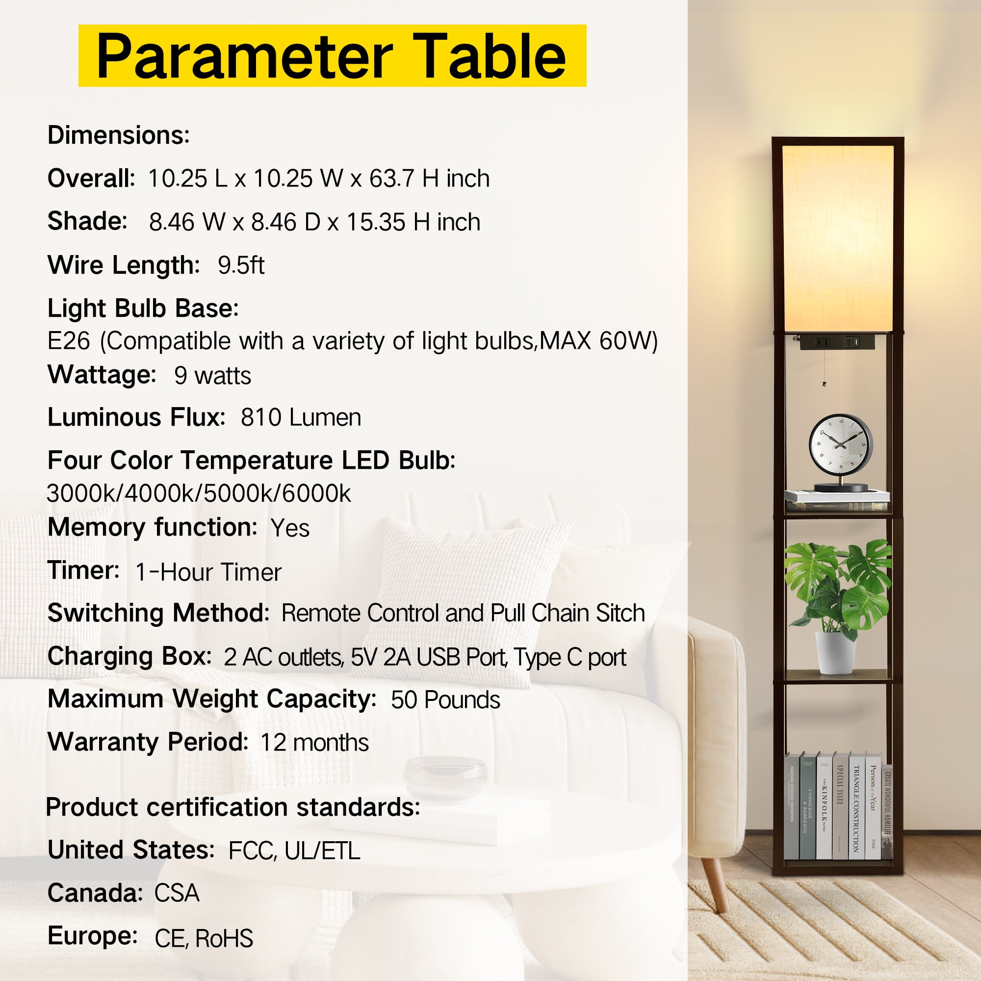 OUTON Floor Lamp with Shelves and Charging,  63.7''  Dimmable Standing Tall Wood Shelf Lamp with Remote for Living Room, Bedroom, Brown