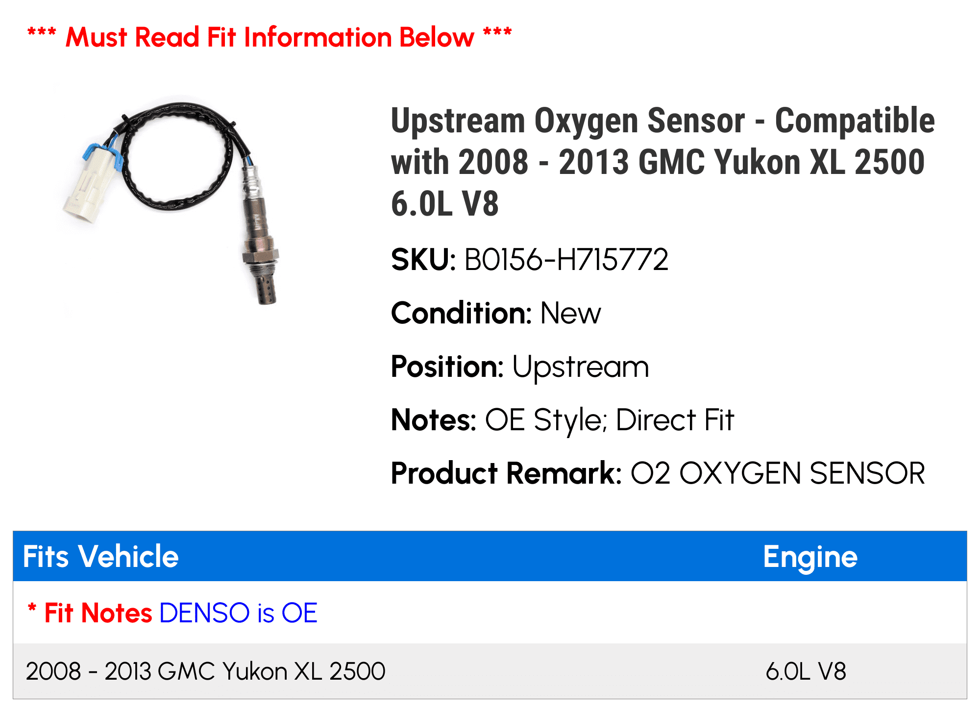 Upstream Oxygen Sensor - Compatible with 2008 - 2013 GMC Yukon XL 2500 6.0L V8 - Replacement
