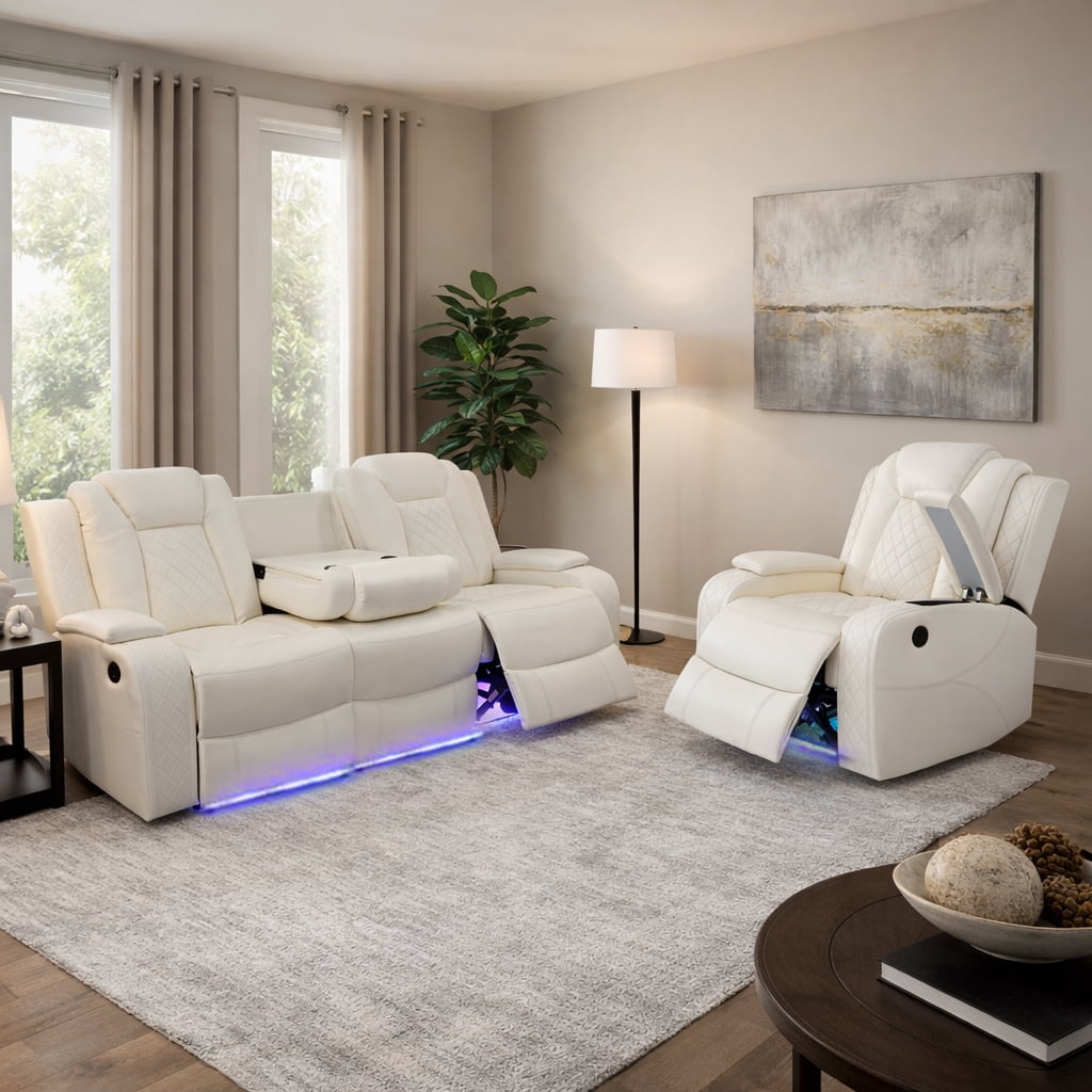 Gewnee 3-Seat Power Adjustable Sofa with One Recliner, Console & Cup Holders, Air Leather, Adjustable Reclining Angles, Suitable for Living Room,Beige