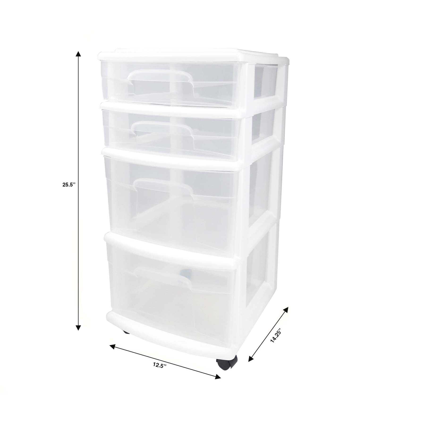Homz 4 Medium Drawer Cart, White with Clear Drawers, with Wheels, Set of 1
