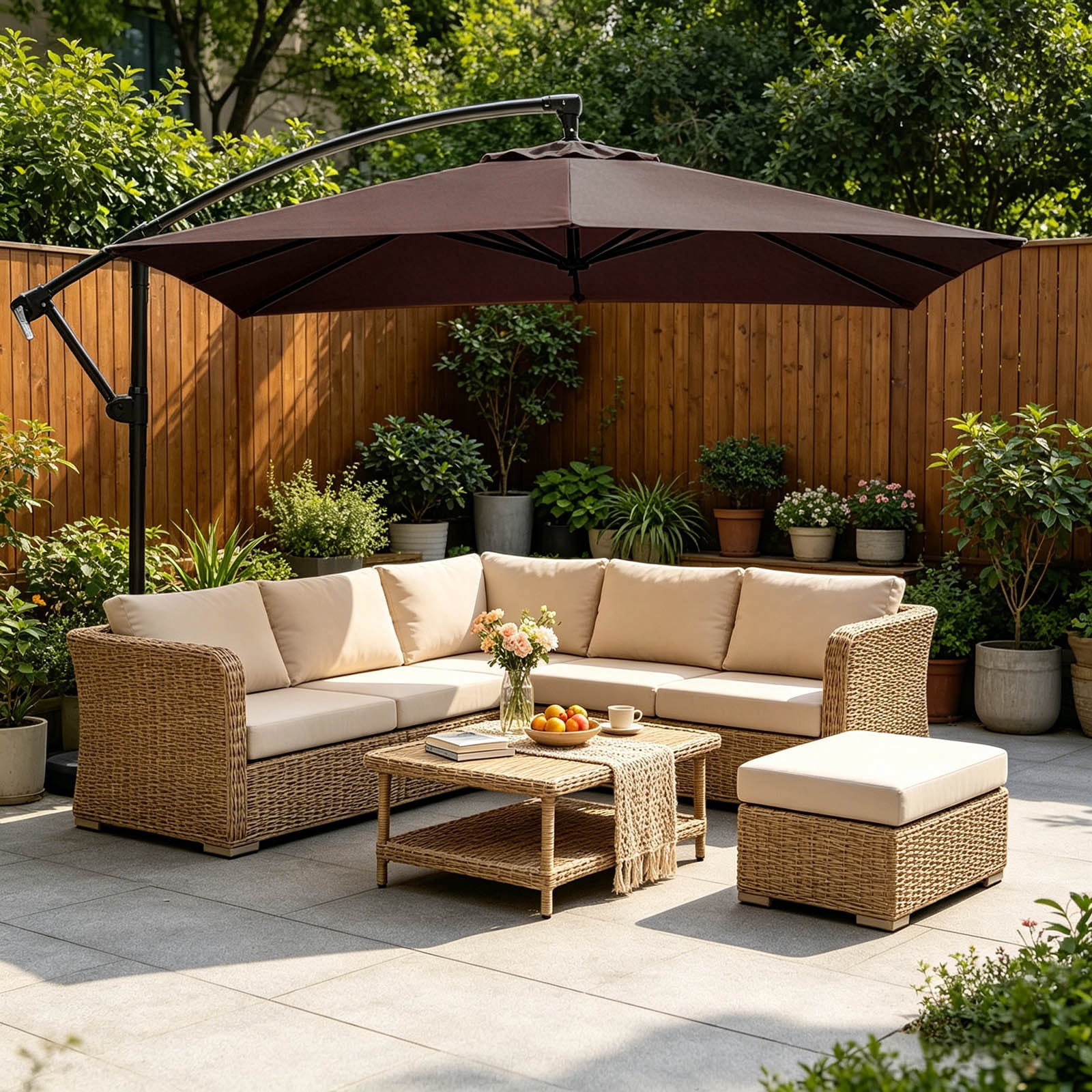 6.5X10 Ft Cantilever Patio Umbrella Outdoor With Base- Large Offset Heavy-Duty Aluminum Umbrella With 360° Rotation, 6 Tilts, Windproof, 5-Year Fade Resistance For Pool Deck, Square,Coffee