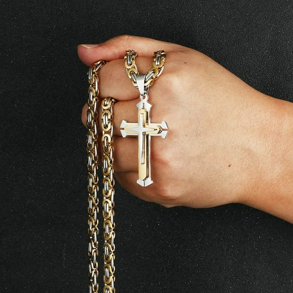 Three Layers Knight Cross Pendants Necklace for Men 14K Yellow Gold Byzantine Link Chain Necklace Male Punk Jewelry Gift