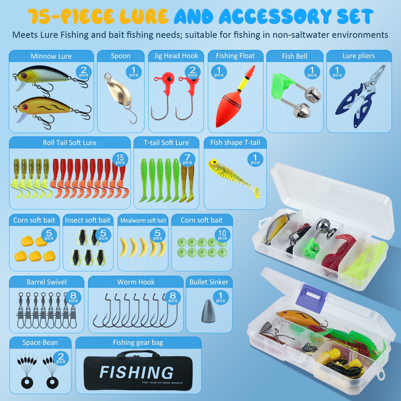 YTAKY Kids Fishing Pole, 75 pcs lure set, Reel Combo Full Kit 3.9ft & 4.9ft Telescopic Casting Rod Pole with Spincast Reel and Hooks Lures Swivels Carry Bag