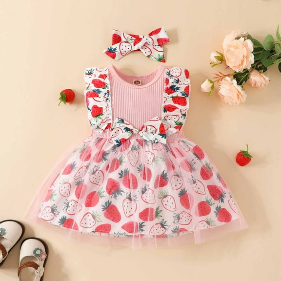 Edvintorg 6 Months-3 Years Girl Dresses Clearance Toddler Baby Girls Sleeveless Dress Summer Strawberry Lace Mesh Bow Tie Dress Head