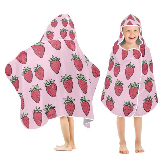 Yayeee Kids Hooded Towel with Hand Pockets Beach Soft Absorbent Bath Wrap 50 x 23.5 inch, Cartoon Strawberry
