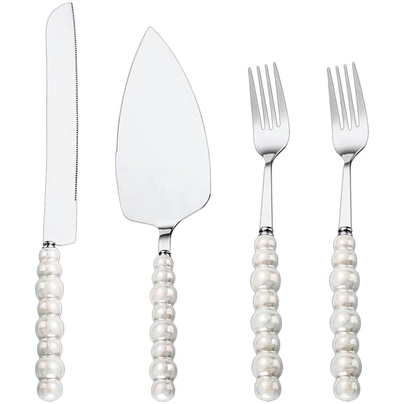 4 Pcs Pearl Handle Cake Cutting Set - Wedding Cake Knife and Server Set | Stainless Steel Serrated Knife & Forks for Engagement, Anniversary, Bridal Shower & Engagement Gift