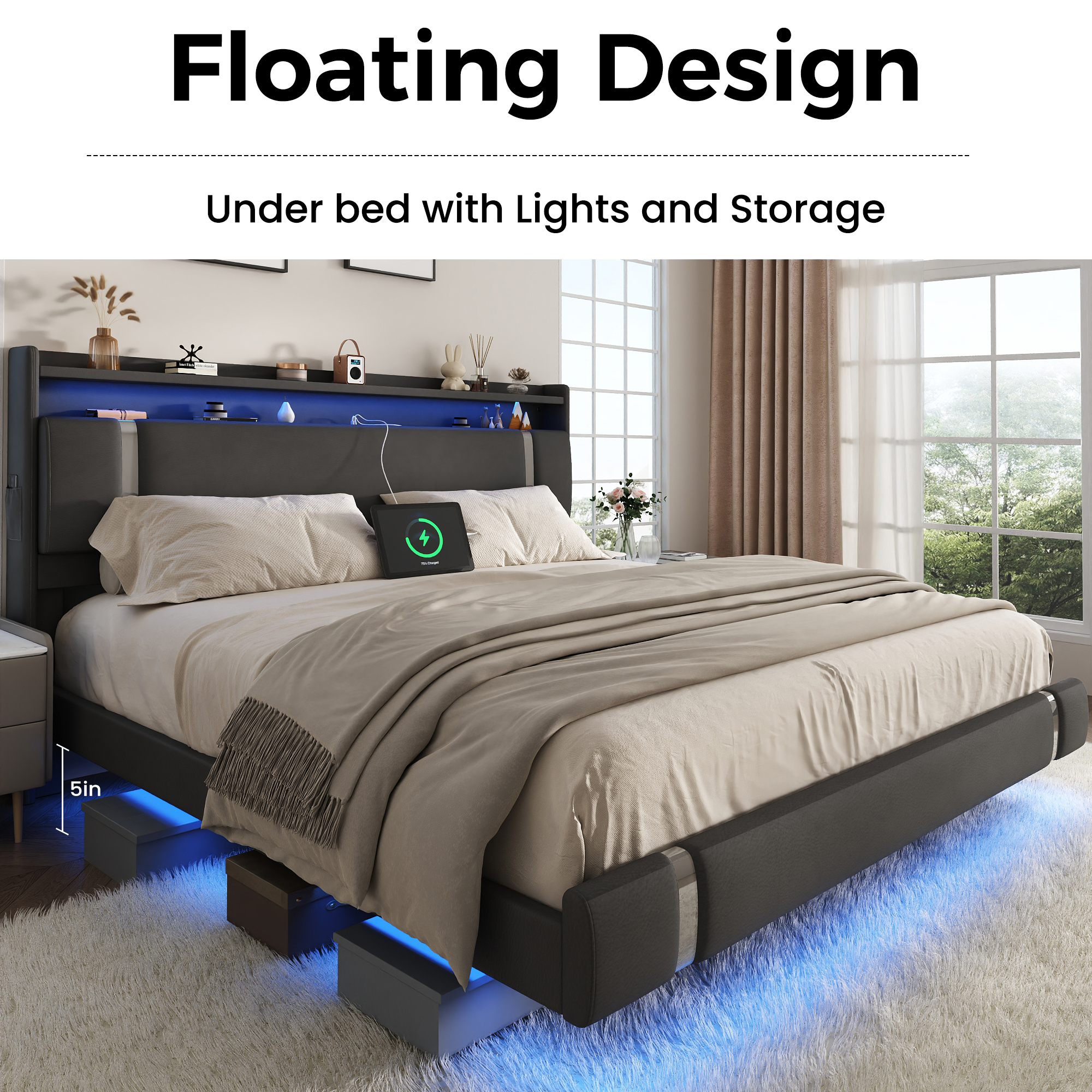 NEGYLIM Floating Bed Frame King Size with LED Lights, Easy to Assemble, Metal Platform Bed with Storage Headboard, No Box Spring Needed, Black