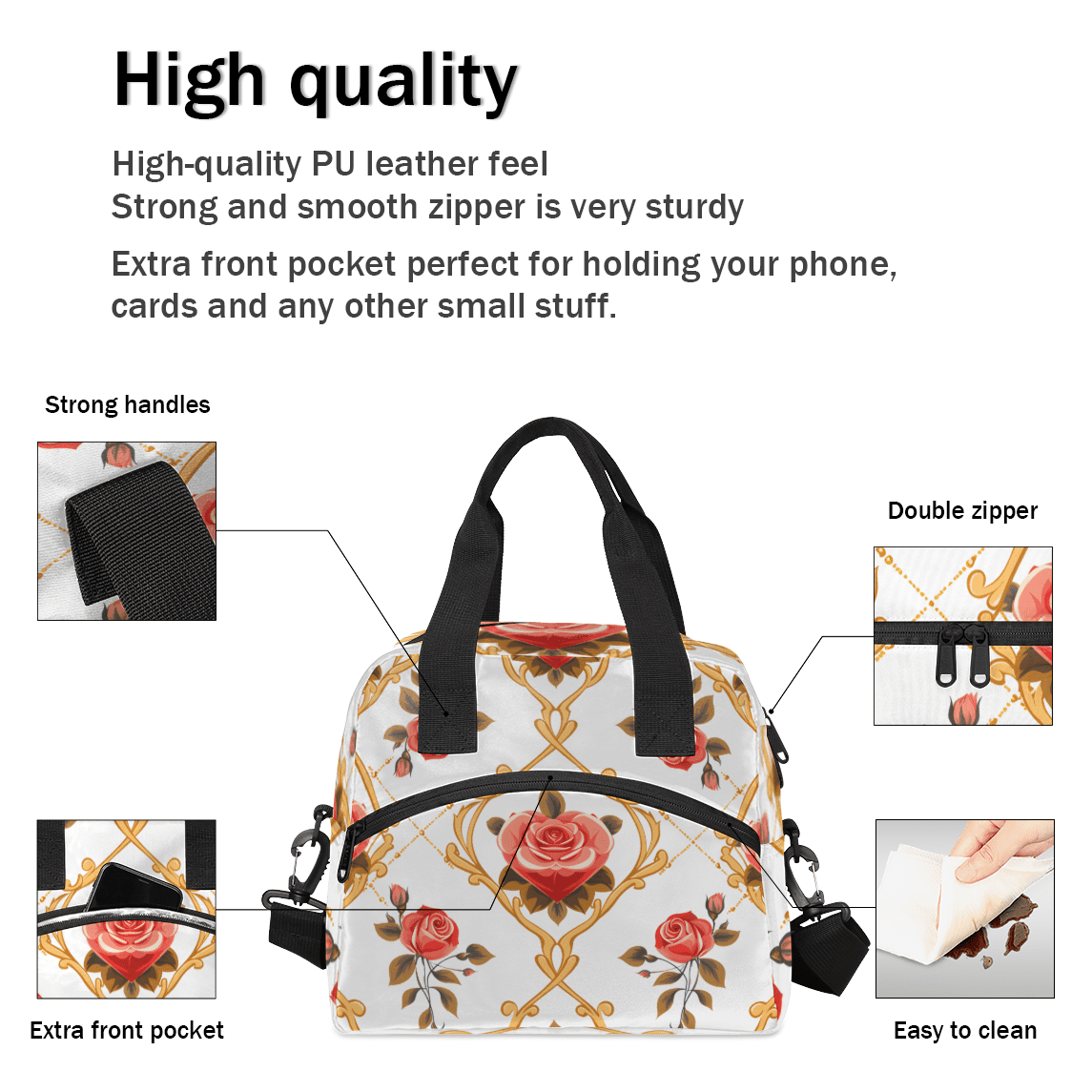 Herdesigns Vintage Rose Insulated Lunch Bag for Women Men Adults Large Reusable Lunch Box Flower Rose Leakproof Cooler Tote Bags with Adjustable Shoulder Strap