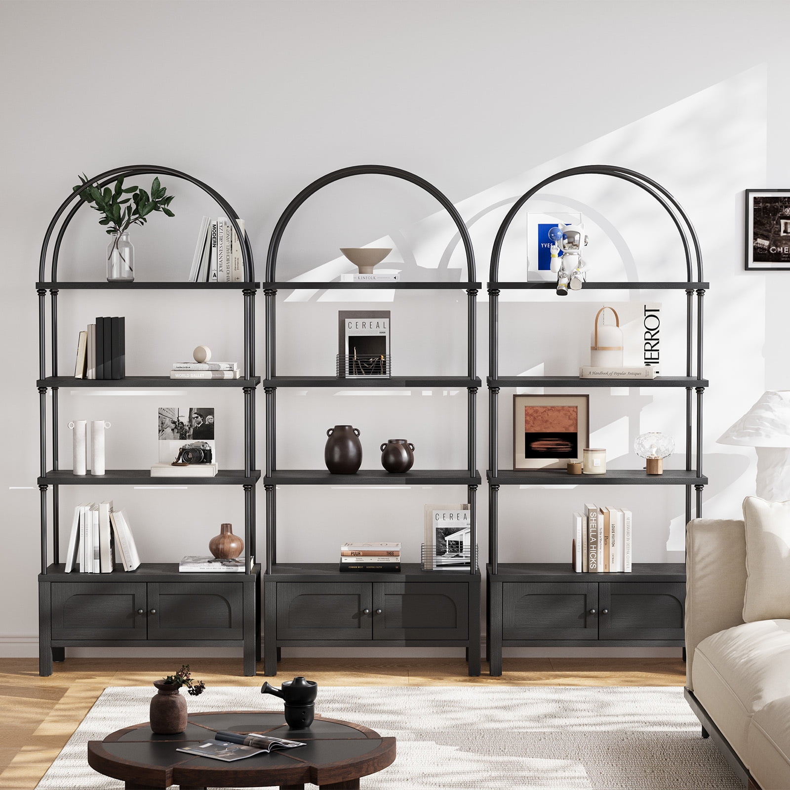 Furnibear Arched Bookshelf with Door 72 Inches Tall 5 Tier Storage Shelf with Cabinet,Modern Open Bookcase for Living Room or Home Office,Black