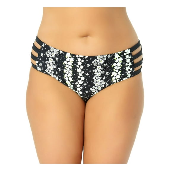 CALIFORNIA WAVES Women's Black Floral Stretch Lined Moderate Coverage Strappy Bikini Swimsuit Bottom 1X