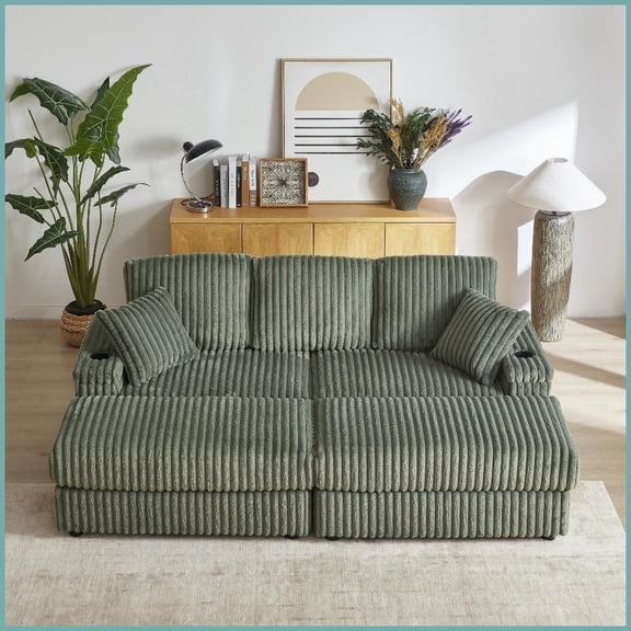 84'' Modern Corduroy 3-Seater Sofa with Ottomans & Pillows - Comfy Living Room Couch with Storage