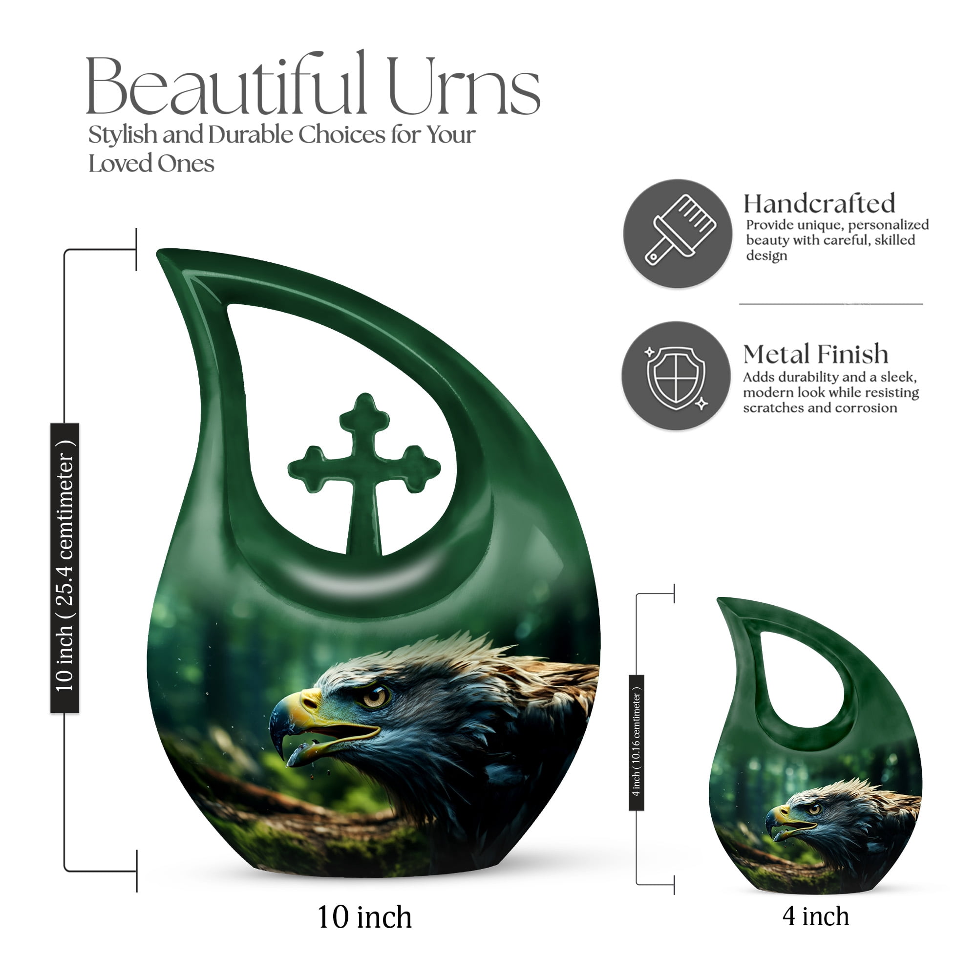 MUKTIVE Eagle Cremation Urns for Ashes for Men and Women - Large Cross Drop Burial Urn for Human Ashes - Green Funeral Urn with Lid - Memorial Gifts for Loss of Mom and Dad, 10 Inch