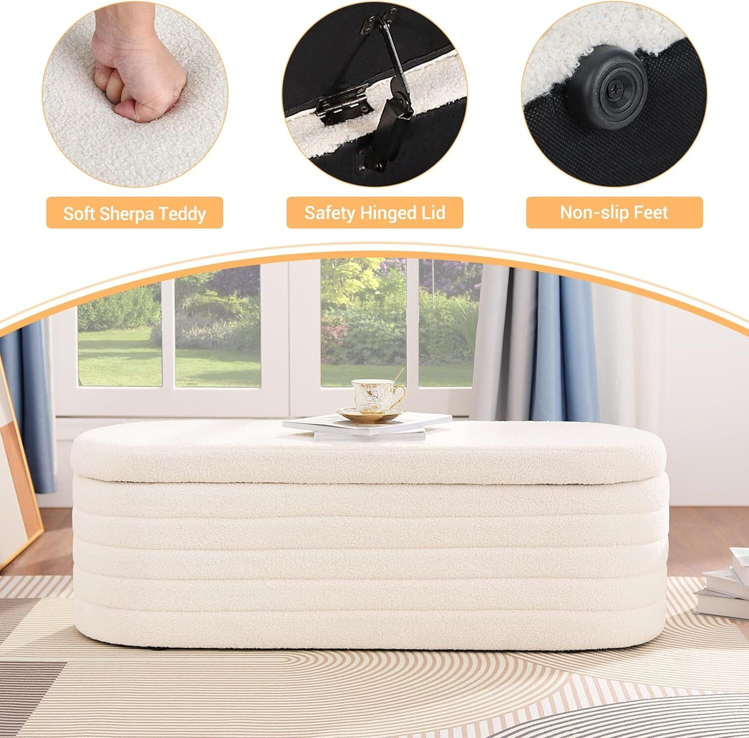 RIDWIND 45.5 inch White Teddy Velvet Storage Ottoman Bench Upholstered Bedroom End of Bed with Safety Hinge for Bedroom Living Room Entryway Dorm Foot Rest Footstool