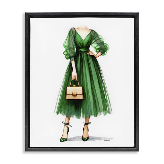 Stupell Industries Glam Green Fashion Gown Fashion Painting Black Floater Framed Canvas Art Print Wall Art, 17 x 21