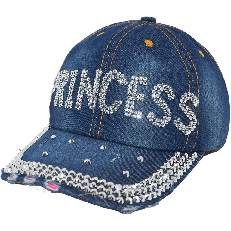 Princess Rhinestone Baseball Cap for Women, Distressed Denim  display picture 2