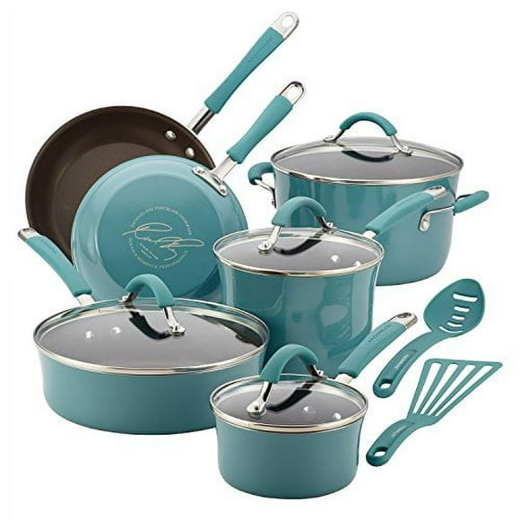Rachael Ray 16344 Cucina Nonstick Cookware Pots and Pans Set, 12 Piece, Agave Blue