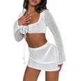 thumbnail image 2 of Douhoow Women 2 Pieces Beachwear Long Sleeve Tie-Up Front Knitted Cover Ups Sarongs Mini Skirts Set, 2 of 7