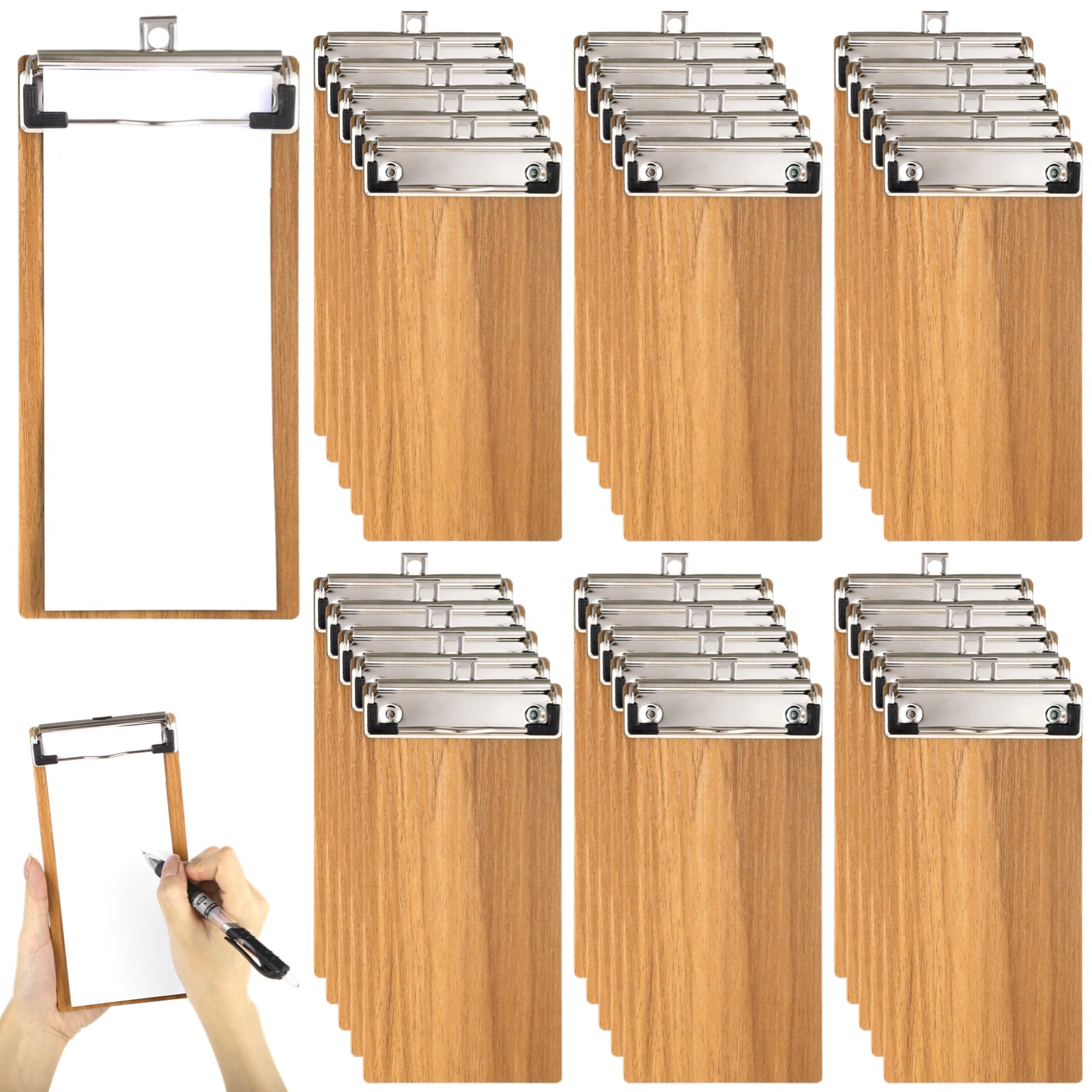 30 Pack Wooden Mini Clipboards (7.9"×3.9") - Bulk Low Profile Clipboards with Retractable Loops for Restaurants, Office, School & Events | Menu Server Holders for Business